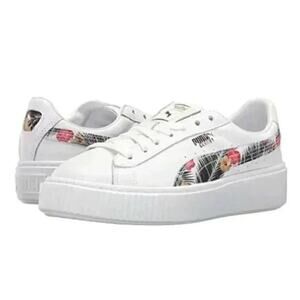 Puma Basket Women Sz W 9 Kids 7C Floral White Platform Sneaker Hibiscus Aloha